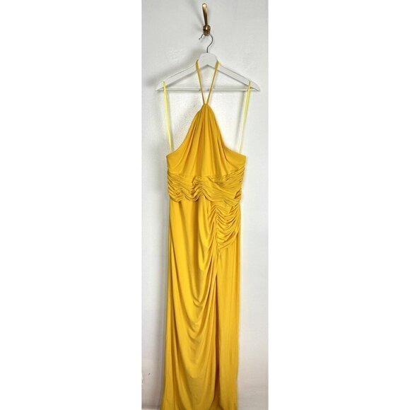 MAC DUGGAL Halter Neck Rouched Side Front Slit Gown in Marigold Size Large - Picture 4 of 13